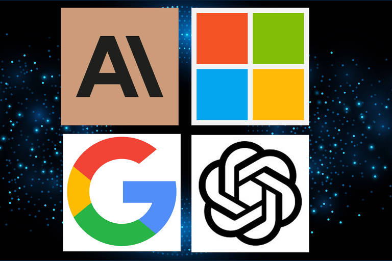 Montagem com os logos de Anthropic, Microsoft (em cima), Google e OpenAI (embaixo), da esquerda para direita