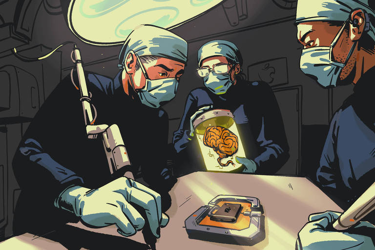  Ilustração, em que três médicos operam um transplante de cérebro em sistema operacional da Apple.