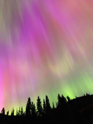 MANNING PARK, BRITISH COLUMBIA - MAY 11: The Aurora borealis, commonly known as the northern lights, is seen on May 11, 2024 in Manning Park, British Columbia, Canada.   Andrew Chin/Getty Images/AFP (Photo by Andrew Chin / GETTY IMAGES NORTH AMERICA / Getty Images via AFP)