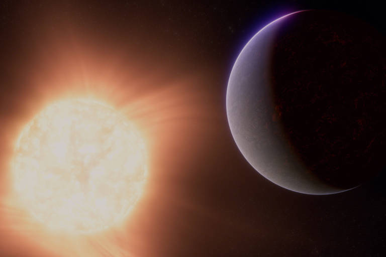 Concepção artística do planeta rochoso 55 Cancri e, orbitando estrela a 41 anos-luz da Terra, na constelação de Câncer