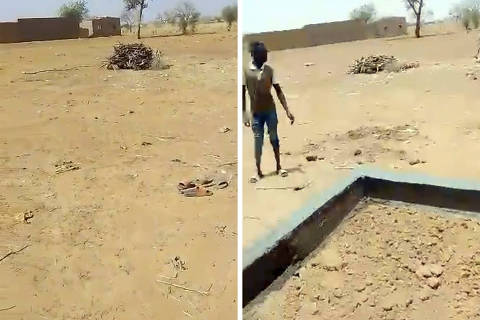 Numa combinação de duas imagens, capturas de ecrã de vídeos fornecidos ao The New York Times da aldeia de Soro, no norte do Burkina Faso, onde os aldeões construíram uma pequena barreira de cimento em torno de uma vala comum ORG XMIT: XNYT0466