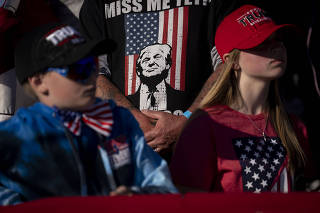 Supporters look on as former President Donald Trump speaks at an election campaign rally on the beach in Wildwood, N.J., on Saturday, May 11, 2024.  (Doug Mills/The New York Times)