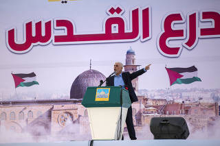 Yahya Sinwar, the leader of Hamas in Gaza, during a rally in Gaza City on April 14, 2023. (Samar Abu Elouf/The New York Times)