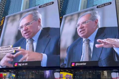 Telão na Times Square exibe anúncio de documentário sobre gestão de Paulo Guedes no Ministério da Economia