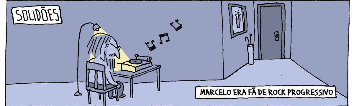 A tira de André Dahmer, publicada em 15.05.2024, tem apenas um quadro. Nele, há um homem sozinho em uma sala escura. Ele é iluminado apenas por um abajur. Há duas legendas no quadro: "Solidões", como um título, e uma segunda legenda, que diz: "Marcelo era fã de rock progressivo".