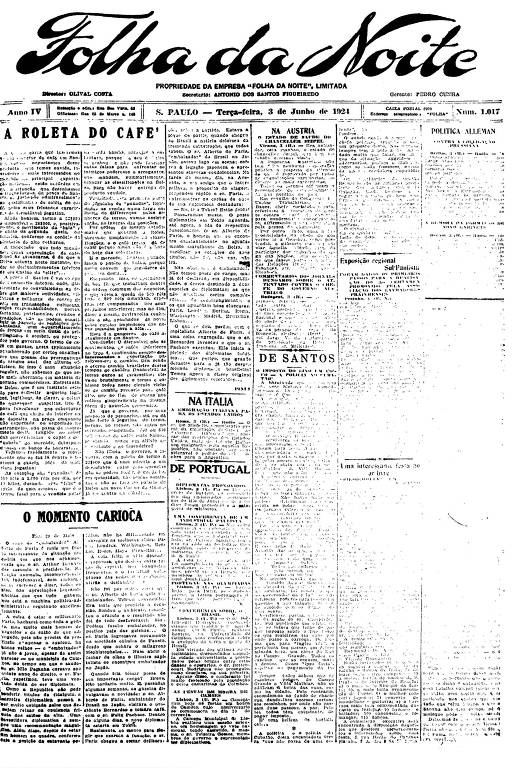 Primeira Página da Folha da Noite de 3 de junho de 1924