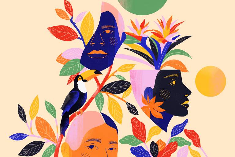 arte ilustra rostos entremeados por plantas e um tucano, retratando a biodiversidade