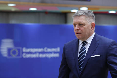 (240515) -- BRUSSELS, May 15, 2024 (Xinhua) -- This file photo taken on March 22, 2024 shows Slovak Prime Minister Robert Fico attending the European Union (EU) summit in Brussels, Belgium. Robert Fico is in a life-threatening condition after being shot in Handlova, Slovakia's Trencin region, a post from his social media said Wednesday. (Xinhua/Zhao Dingzhe)