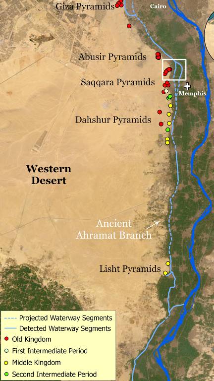 Mapa mostra a localização das pirâmides do Egito em relação ao Rio Nilo e seus canais antigos. As pirâmides são classificadas por períodos históricos e são marcadas com cores diferentes. O mapa também destaca segmentos detectados e projetados de vias navegáveis, fornecendo uma visão sobre a infraestrutura hidráulica que uma vez serviu a região