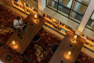 The library inside the San Francisco office of OpenAI, on April 4, 2024. (Christie Hemm Klok/The New York Times)