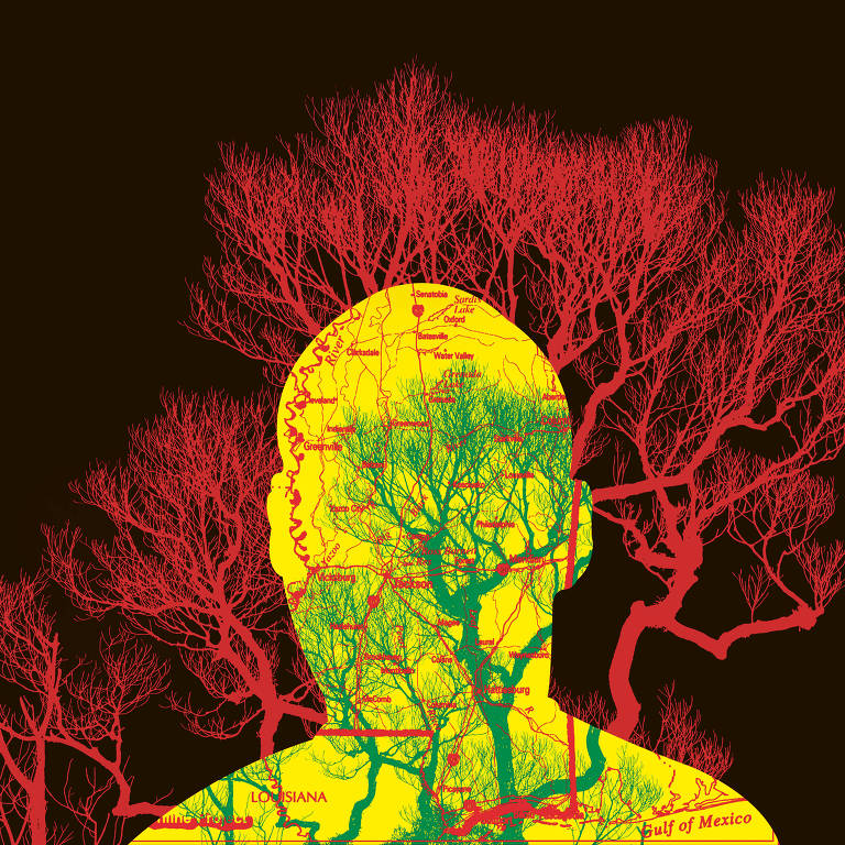 silhueta de homem em amarelo com árvore seca em vermelho e verde sobre ela