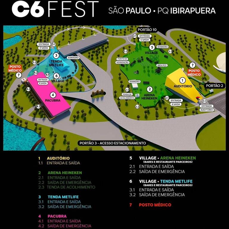Mapa do evento C6 Fest, que ocorre no Parque do Ibirapuera, zona sul de São Paulo