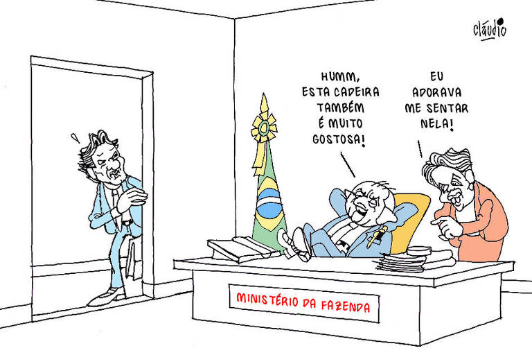 A charge mostra Lula sentado na mesa do ministro no Ministério da Fazenda. Na porta da sala, surpreso, está o ministro Fernando Haddad. Lula está recostado na cadeira, com os braços atrás da cabeça e pernas e pés sobre a mesa. Lula diz:  - Humm, esta cadeira também é muito gostosa também!  Ao lado de Lula aparece a ex-presidente Dilma Rousseff. Ela comenta:  - Eu adorava me sentar nela!