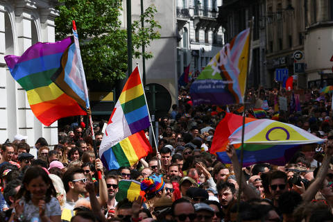 Participants wave flags during Belgian and European Pride 2023, organised by the LGBTQIA+ community in Brussels, Belgium May 20, 2023. REUTERS/Yves Herman ORG XMIT: LIVE
