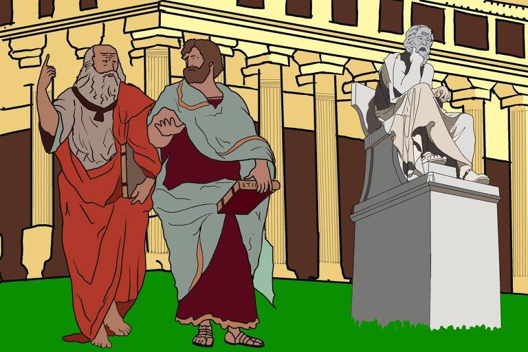 Na ilustração, diante de um templo grego, dois homens representando os filósofos Platão e Aristoteles, usando trajes da época da Grécia Antiga, carregando livros e conversando; do lado direito da cena, uma estátua de Sócrates. 