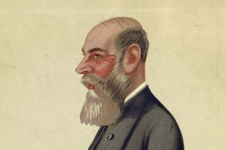 A imagem apresenta um retrato estilizado de um homem mais velho, de perfil, com uma barba cheia e bem aparada, vestindo um terno formal da época. O fundo é neutro, destacando a figura e seus traços distintos.