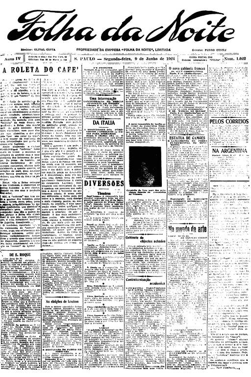Primeira Página da Folha da Noite de 9 de junho de 1924
