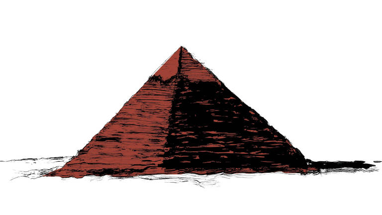 Pirâmide egípcia à distância com iluminação contrastada,de modo com que uma de suas faces permaneça nas sombras.