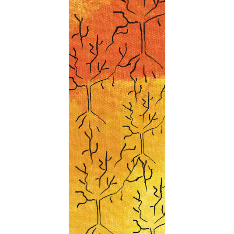 Desenho de uma floresta queimada, com solo alaranjado e árvores secas