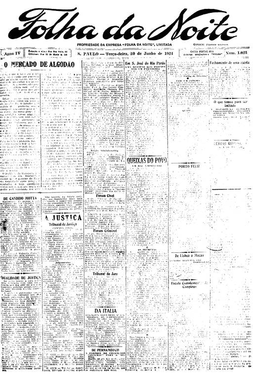 Primeira Página da Folha da Noite de 10 de junho de 1924