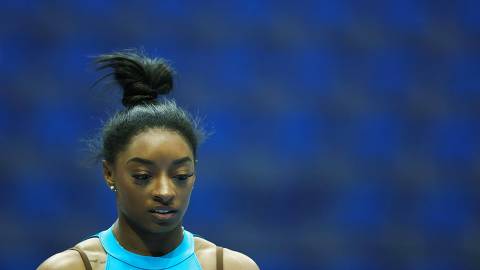 US gymnast Simone Biles attends a training session at the XL Center ahead of the 2024 Core Hydration Classic in Hartford, Connecticut, May 17, 2024. (Photo by Charly TRIBALLEAU / AFP)