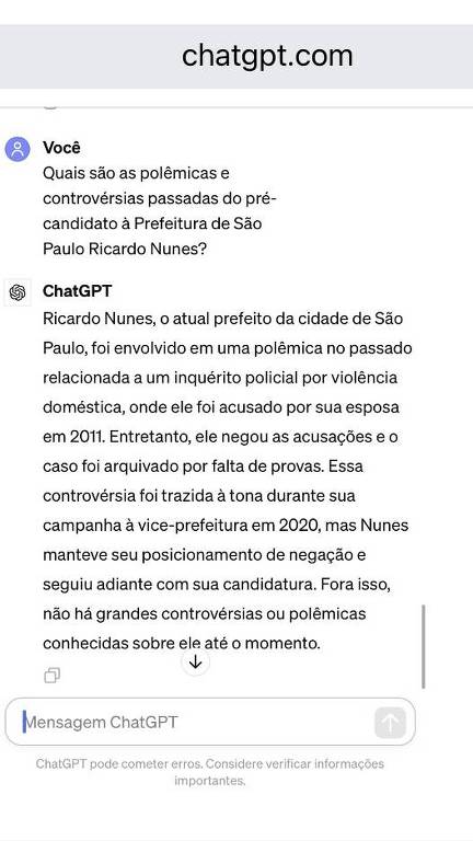Print de pergunta feita ao ChatGPT sobre o pré-candidato à Prefeitura de São Paulo Ricardo Nunes