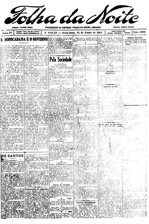 Primeira Página da Folha da Noite de 13 de junho de 1924