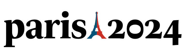 A imagem mostra um logotipo dos Jogos Olímpicos de Paris 2024, com a palavra "paris" em letras minúsculas seguida do número "2024". Entre os elementos, há um desenho da Torre Eiffel, vermelho e azul