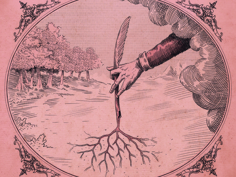 Uma ilustração vintage em tons de rosa retrata uma mão elegante segurando uma pena, que se funde com a imagem de uma árvore robusta, simbolizando a escrita como uma extensão orgânica da natureza, cercada por uma borda decorativa que evoca a sensação de uma tapeçaria clássica.