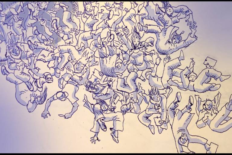 A imagem apresenta uma ilustração feita à mão de várias figuras humanas em um estilo caótico e abstrato, com os personagens entrelaçados em diferentes poses e expressões. A arte, predominantemente em tons de azul, transmite uma sensação de movimento e confusão, como se capturasse um momento de tumulto ou uma dança desordenada.