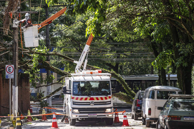 Técnicos da Enel desligando energia em fiação em rua da cidade de São Paulo devido a queda de árvores no início do ano