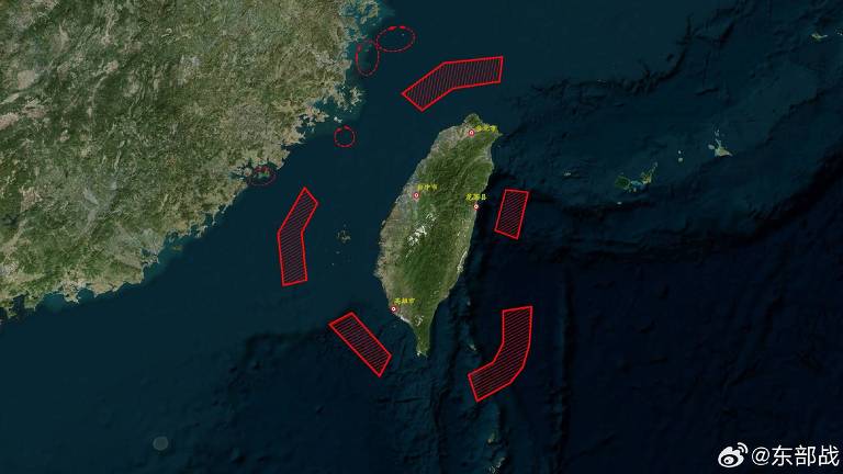 Mapa de Taiwan, uma ilha considerada pela China como parte do país, mas com governo autônomo, tem desenhos de áreas que receberão exercícios militares de cerco ao território