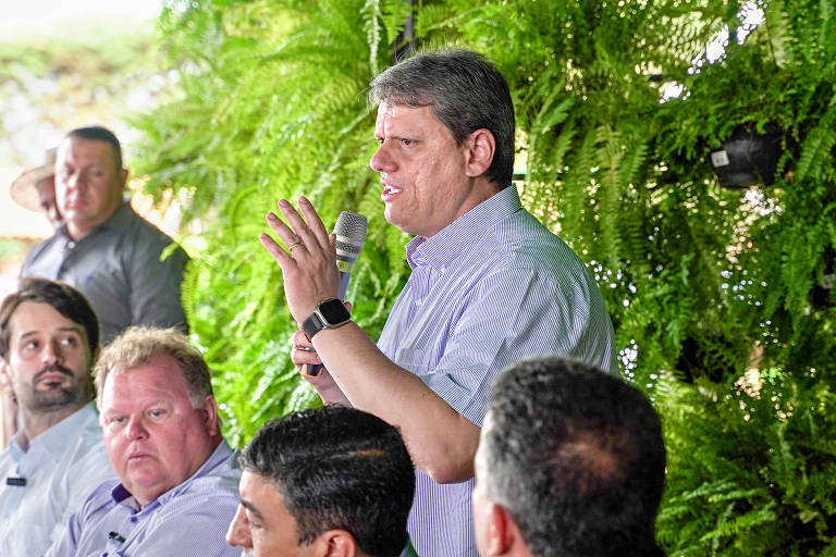 O governador de São Paulo, Tarcísio de Freitas (Republicanos), fala durante evento sobre tecnologia agrícola na cidade de Cândido Mota, em janeiro