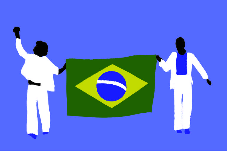 Ilustração de fundo lilás com duas figuras masculinas caminhando e carregando a bandeira do Brasil ao centro. Elas usam roupa branca e sapatos azuis. A figura do lado esquerdo tem um dos punhos erguidos.