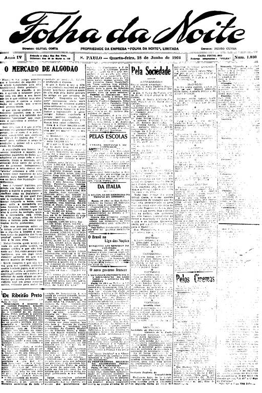 Primeira Página na Folha da Noite de 18 de junho de 1924