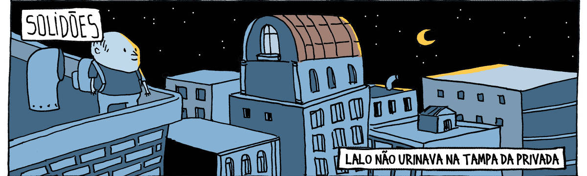 A tira de André Dahmer, publicada em 25.05.2024, tem apenas um quadro. Nele, há um homem em um telhado. É noite, e ele observa os prédios da cidade. Ela está em uma sala escura. Há duas legendas no quadro: "Solidões", como um título, e uma segunda legenda, que diz: "Lalo não urinava na tampa da privada".