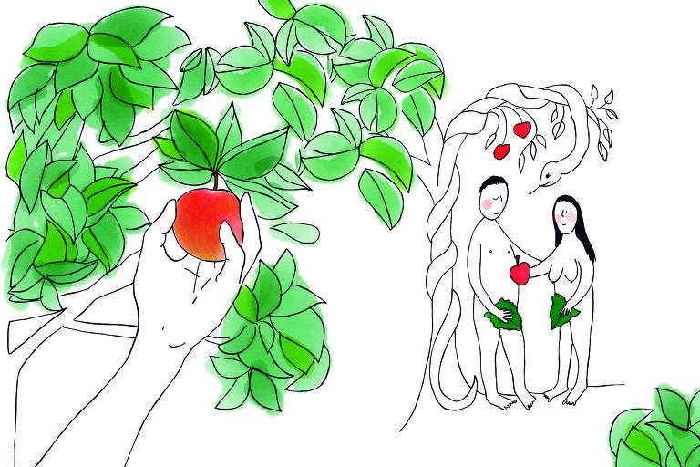 No desenho, vemos em primeiro plano do lado esquerdo do leitor uma mão branca arrancando uma maçã do pé. A maçã é bem vermelha e a folhagem da árvore é abundantemente verde. Ao lado há um casal: um homem e uma mulher brancos e nus que seguram uma folha verde cada um para esconder seus genitais. Ambos tem bochechas vermelhas e cabelos pretos. Do homem - o cabelo é curto e da mulher - o cabelo é longo. Junto deles há uma árvore e uma serpente enrolada nela com a cabeça bem próxima da do casal.  Ela está com a língua para fora. A mulher carrega uma maçã com a mão direita. A árvore onde a serpente está tem algumas poucas folhagens e duas maças penduradas. No canto direito do desenho, algumas folhas verdes mais fecham o traçado.