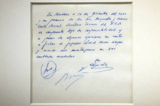 A napkin promising a contract to secure 13-year-old Lionel Messi for FC Barcelona at Bonhams Auctions in New York