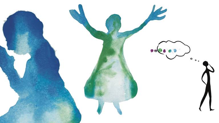 Ao lado esquerdo manchas em cores azuis e verdes criam formas de duas pessoas rezando. Caminhando para a direita, está desenhada em linha preta uma pequena pessoa de corpo esguio. Da cabeça da pessoa sai um balão de pensamento com gotas de tinta enfileiradas.