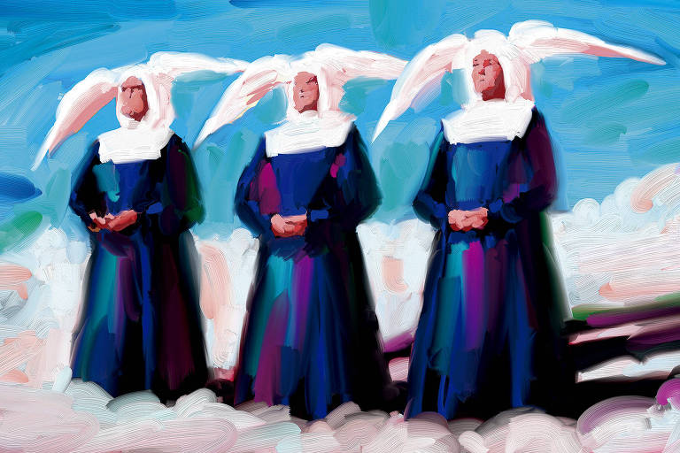 A ilustração de Adams Carvalho, publicada na Folha de São Paulo no dia 26 de Maio de 2024, mostra o desenho de três freiras caminhando nas nuvens