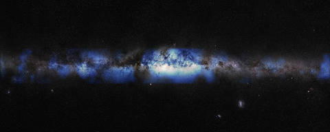 An artist's composition of the Milky Way seen with a neutrino lens (blue) is shown in this undated handout image. Collaboration/U.S. National Science Foundation (Lily Le & Shawn Johnson)/ESO (S. Brunier)/Handout via REUTERS    THIS IMAGE HAS BEEN SUPPLIED BY A THIRD PARTY. MANDATORY CREDIT. ORG XMIT: HFS-GDN