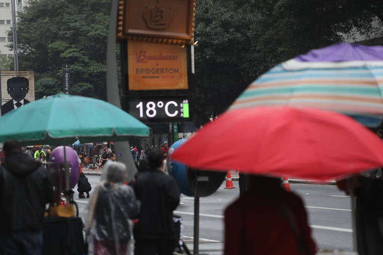 pessoas caminhando pela rua com casaco, algumas com guarda-chuva, e termômetro de rua que exibe 18°C