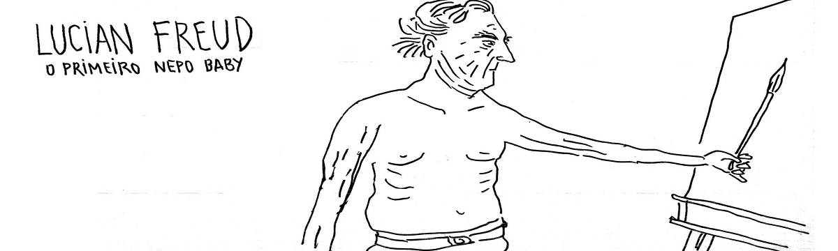 A imagem apresenta uma ilustração em preto e branco de um homem sem camisa, aparentemente mais velho, com cabelos ondulados e uma expressão concentrada. Ele está de pé ao lado de um cavalete, segurando um pincel e olhando para o que parece ser uma tela, sugerindo que ele está no meio do processo de pintura. Acima da ilustração, há um texto que diz "LUCIAN FREUD O PRIMEIRO NEPO BABY".