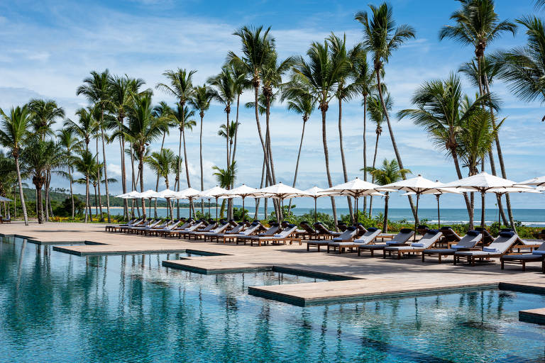 Na imagem, há uma piscina no Resort Fasano com espreguiçadeiras alinhadas sob guarda-sóis brancos, contrastando com o azul do céu e o verde das palmeiras ao fundo