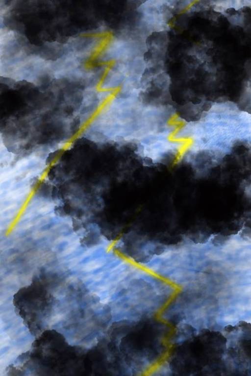 ilustração de uma tempestade, com texturas de nuvens negras, raios e chuva.