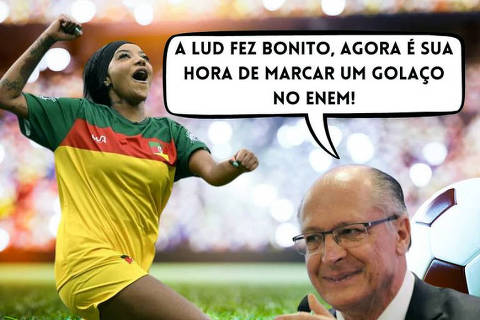 Alckmin cita Ludmilla em aviso sobre início das inscrições para o Ene *** Local Caption *** Uma montagem animada mostra uma jogadora de futebol comemorando um gol com um balão de fala incentivando os estudantes a se saírem bem no ENEM, enquanto um homem sorridente aponta para a mensagem, reforçando o incentivo.