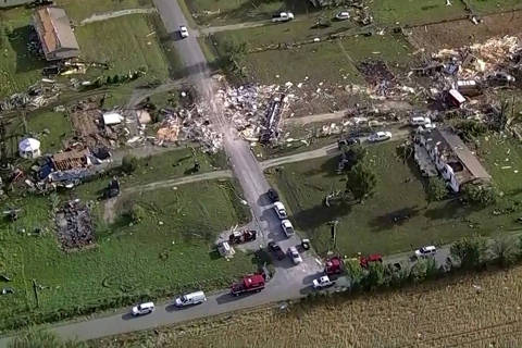 Wreckage is strewn across a property the day after a deadly series of tornados hit the central United States, in Valley View, Texas, U.S. in a still image from aerial video.  ABC Affiliate WFAA via REUTERS.  NO RESALES. NO ARCHIVES. MANDATORY CREDIT ORG XMIT: PPP-VAN112