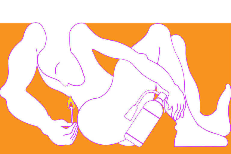 Na ilustração, feita de uma linha cor lilás, uma figura ocupa o espaço todo, o fundo é laranja vivo. Para se encaixar no espaço retangular laranja, do pescoço para cima fica dentro do troco do corpo, a partir da altura dos ombros, como se fosse uma folha dobrada. Ele observa um fósforo acesso numa mão e do lado da outra mão, um extintor de incêndios meio tombado.