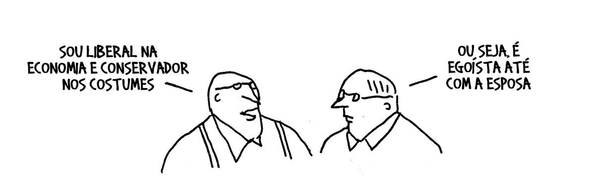 A tira de André Dahmer, publicada em 25.05.2024, tem apenas um quadro. Nele, dois homens conversam. Um deles diz: "Sou liberal na economia e conservador nos costumes". O outro homem responde: "Ou seja, é egoísta até com a esposa".