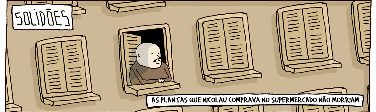 A tira de André Dahmer, publicada em 30.05.2024, tem apenas um quadro. Nele, há um homem solitário em uma janela de edifício. Todas as outras janelas estão fechadas. Há duas legendas no quadro: "Solidões", como um título, e uma segunda legenda, que diz: "As plantas que Nicolau comprava no supermercado não morriam".